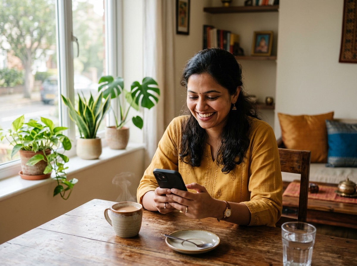 A woman at home smiling at her phone after her loan was credited