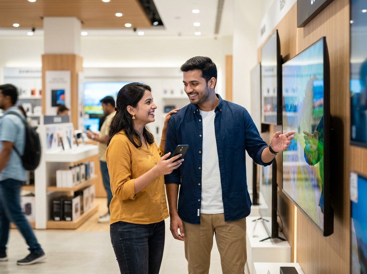 A young couple choosing a TV in an electronics store