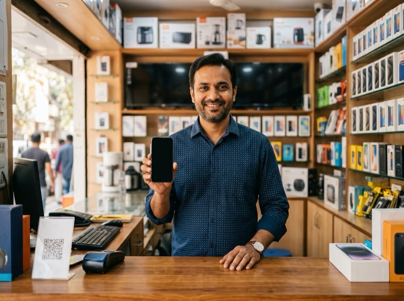A smiling store owner behind the counter of his phone and electronics shop
